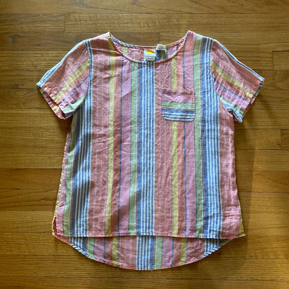 striped pastel short sleeve linen top